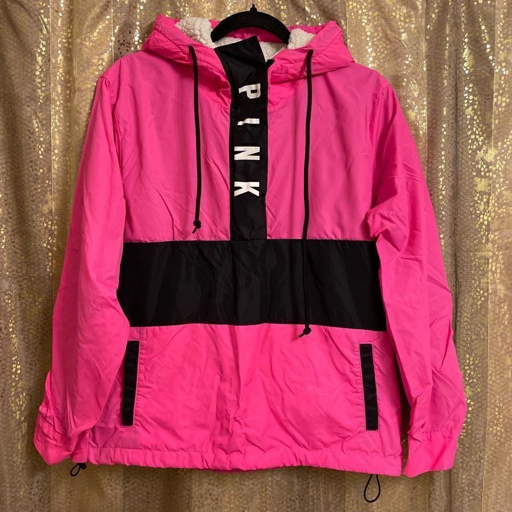 PINK Neon Hot Pink Black Windbreaker Sherpa Hooded Jacket XS/S